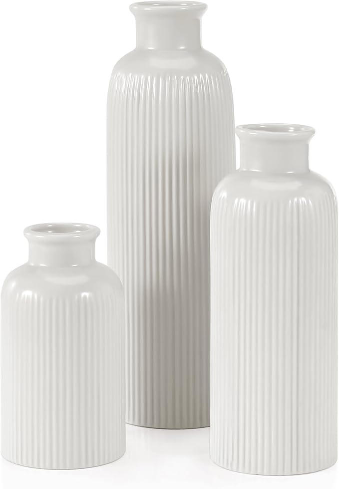 Small White Ceramic Vase Set of 3, Boho Modern White Flower Vase Room Decor, Farmhouse Decor, Vases for Your Kitchen, Bathroom, Bedroom, Living Room, Office&Shelf Centerpiece Table Decorations