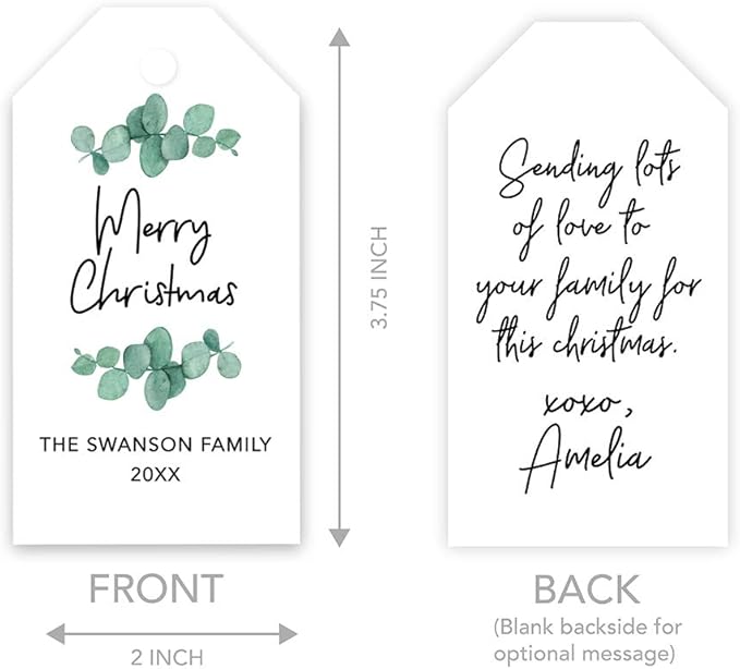 Andaz Press Personalized Christmas Holiday Season Classic Gift Tags, Merry Christmas Custom Family Name and Year, Eucalyptus Leaves Design, for Holiday Events, Parties, and Favors, 60-Pack
