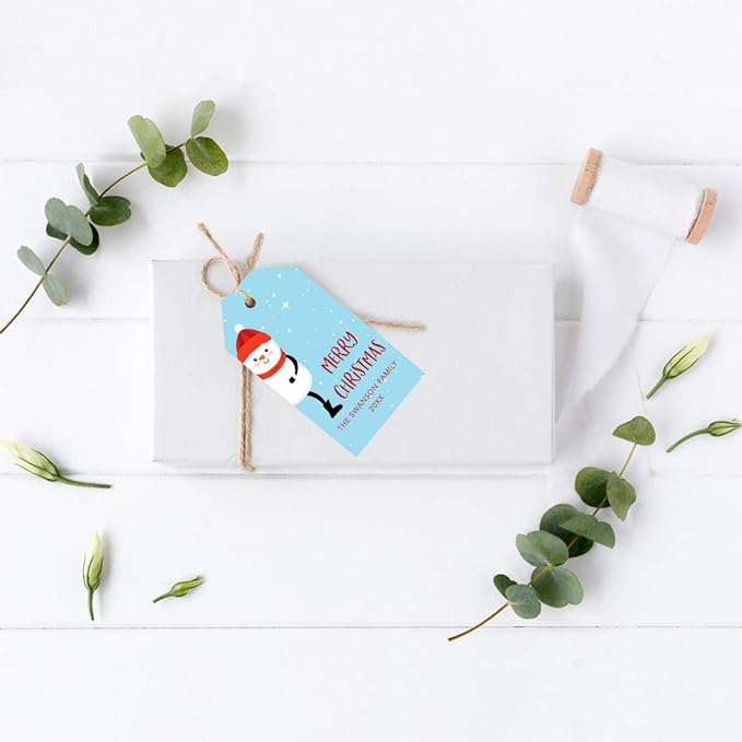 Andaz Press Personalized Christmas Holiday Season Classic Gift Tags, Merry Christmas Custom Family Name and Year, Snowman with Stars Design, for Holiday Events, Parties, and Favors, 60-Pack