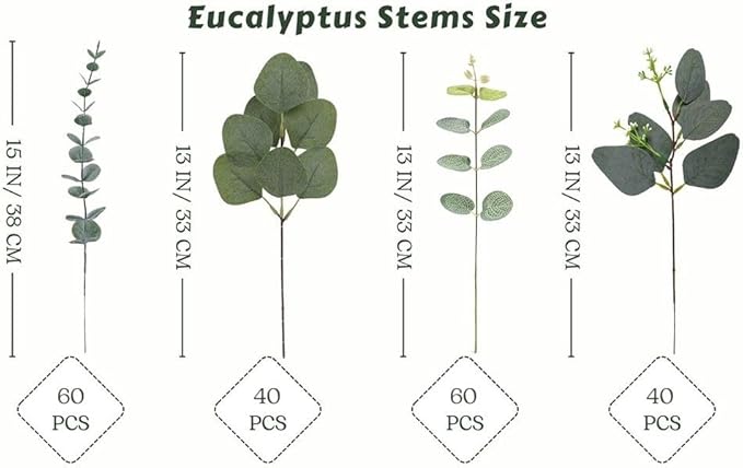 Eucalyptus Leaves Stems 200 PCS, 4 Kinds Mixed Artificial Greenery Stems for Wedding Decor Vase Floral Arrangement Centerpiece