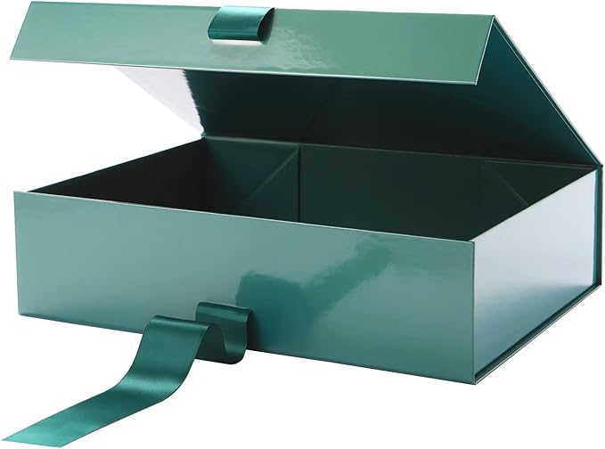 GREEN BEAN Large Gift Box with Lid for Present 13x9.7x3.4 Inches, Green Magnetic Gift Box with Ribbon, Bridesmaid Proposal Box (Glossy Green)