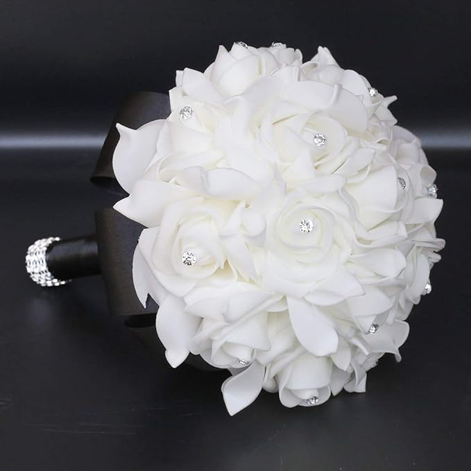 Wedding Bouquet, Black Bouquet for Bride Bridesmaid with Diamond Soft Ribbons, Artificial Rose Bridal Holding Flowers for Party Church