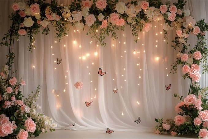 10x6.5ft Pink White Rose Flowers Wedding Backdrop White Curtain Glitter Light Butterfly Decoration Photography Background Children Baby Shower Birthday Party Backdrop for Video Studio Prop