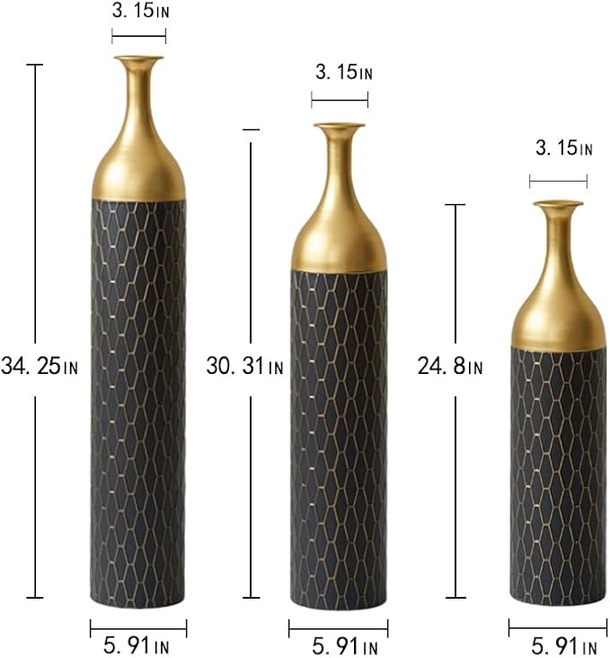 Floor Vases, Tall Home Decor Metal Vase Set of 3 Large Glazed Decorative Vases for Wedding Decor, Elegant Modern Flower Holder for Living Room, Entryway, Hallway, Dining Room