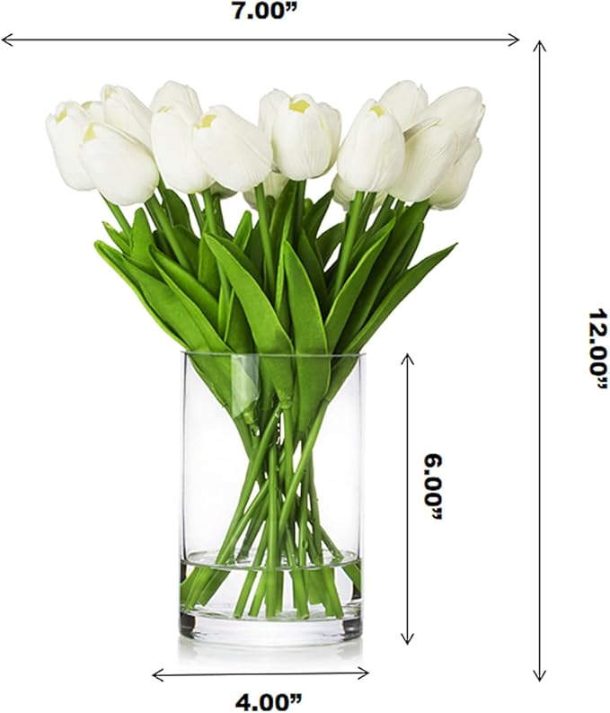 ENOVA FLORAL 20 Heads White Tulips Real Touch Artificial Flowers in Vase, Fake Tulips Flowers with Vase and Faux Water for Dining Table Decoration, Home Wedding (White)