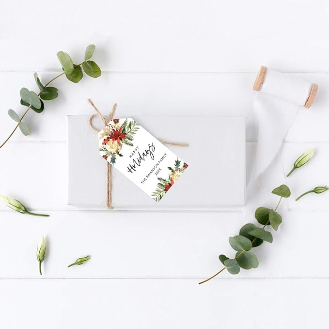 Andaz Press Personalized Classic Gift Tags, Custom Family Name and Year, Christmas Florals Design, Happy Holidays Tags, 60-Pack