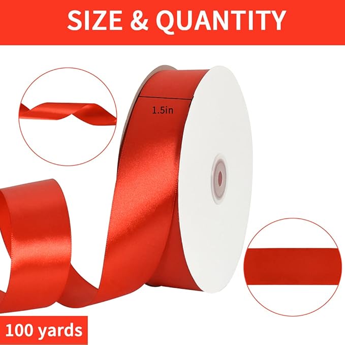 TONIFUL 100 Yards Red Ribbon 1-1/2 Inch Satin Ribbon for Gift Wrapping Bouquet Wrapping Eternal Flower Making and Wedding Chair Sash Valentine's Day Christmas Decorations Hair Bows Crafts & Sewing