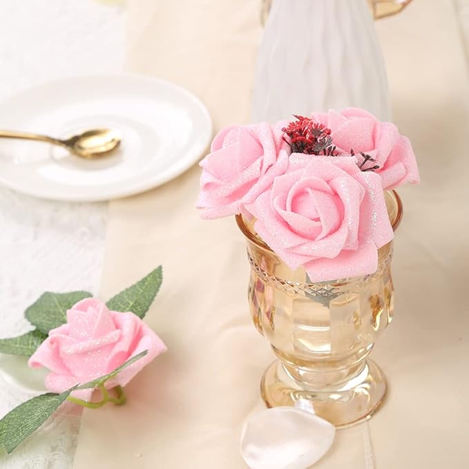 IPOPU Artificial Roses,50PCS Pink Glitter Roses Bouquet Glitter Flowers for Crafts DIY Wedding Bouquet Home Party Decoration(Pink)