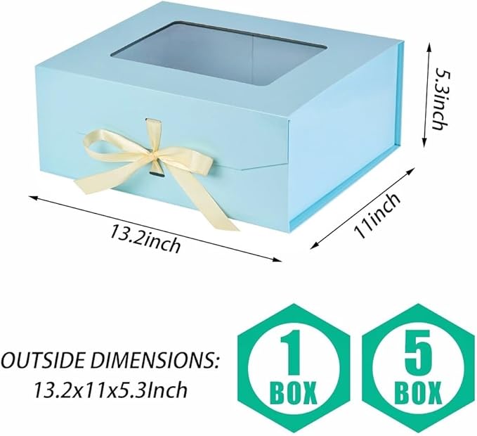 5 Pcs Blue Gift Box for Presents with Ribbon 13.2x11x5.3 Inches Clear Gift Box with Window Magnetic Closure Gift Boxes with Lids