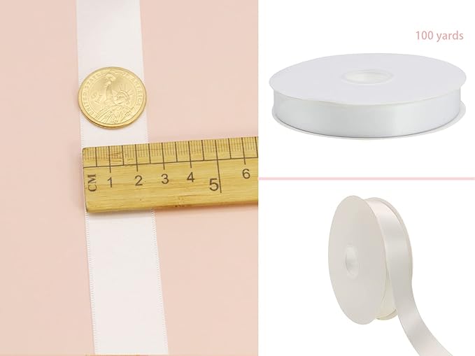 White Double Faced Satin Ribbon 1 inch Flower Boutique Gift Wrapping Ribbon 25mm 100yards Continuous Fabric Silk Bow Ribbon- DIY Crafts Hair Headband-Sewing-Wedding Decorations