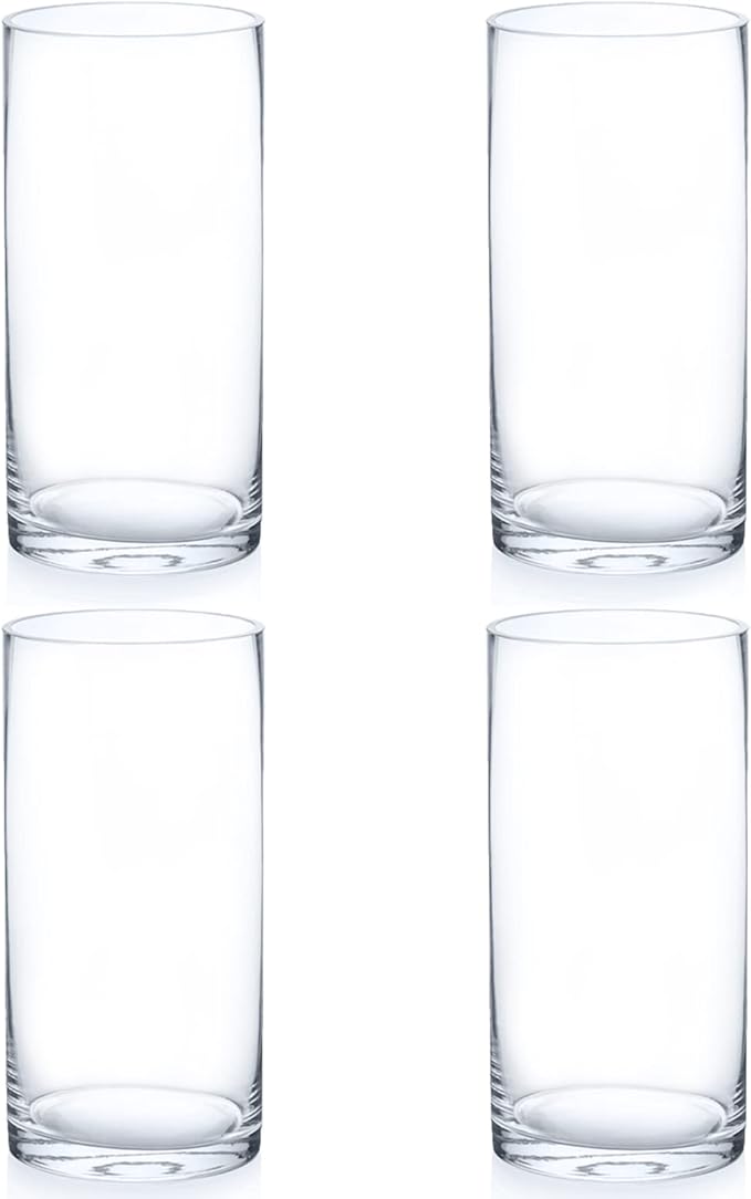 Enova Floral Clear Glass Flower Vase, 6W x 12H Inches Cylinder Vase, Pillar Candle Floating Candle Holders, Tall Cylinder Glass Vase for Flowers, Round Glass Vase for Home Decor, Wedding (Pack 4)