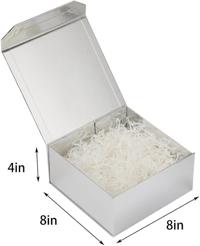 1 Pcs Small Silver Gift Box 8x8x4 Inch Magnetic Box with Crinkle Paper Silver Small Gift Box with Shredded Paper Luxury Gift Boxes with Lids for Presents