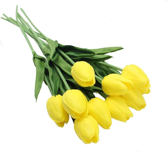 10-Heads Artificial Flowers Home Decor Mini Tulip Real Touch Tulips Wedding Bouquets for Bride (Yellow)