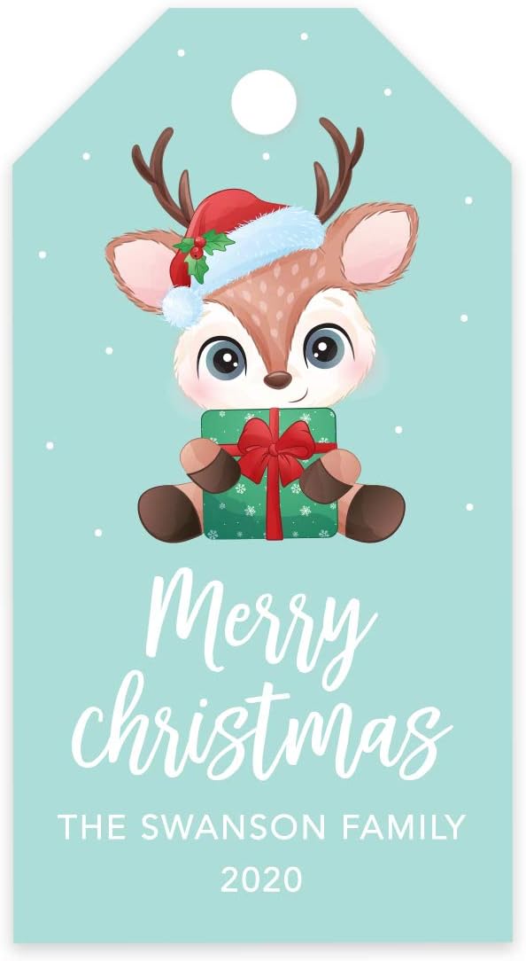Andaz Press Personalized Christmas Holiday Season Classic Gift Tags, Merry Christmas Baby Reindeer with Santa Hat Design, Custom Family Name and Year, for Holiday Events, Parties, and Favors, 60-Pack