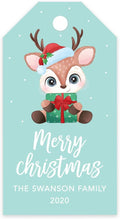 Andaz Press Personalized Christmas Holiday Season Classic Gift Tags, Merry Christmas Baby Reindeer with Santa Hat Design, Custom Family Name and Year, for Holiday Events, Parties, and Favors, 60-Pack