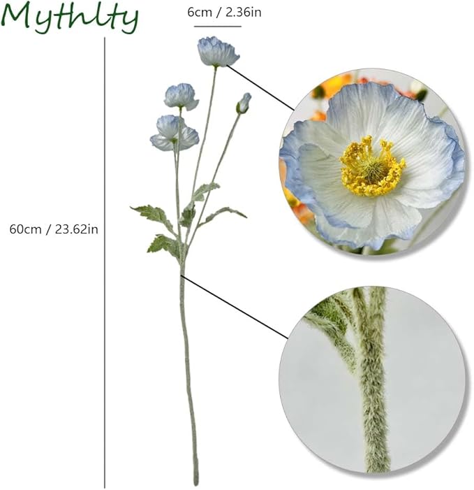 Set of 6 Light Blue Silk Poppy Flowers Artificial with Stems Silk Poppies Bouquet Faux Ranunculus Artificial Flowers for Wedding Party Home Office Indoor Decoration (Light Blue)