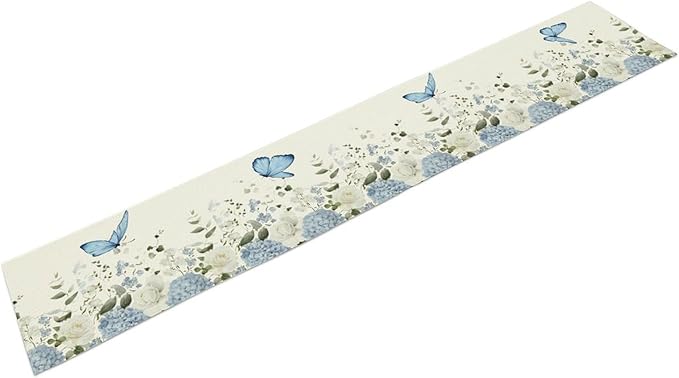 Floral Table Runner, Blue White Flower Butterfly Garden Spring Nature Decoration Table Runner for Kitchen Dining Home Party, 13x108 Inch