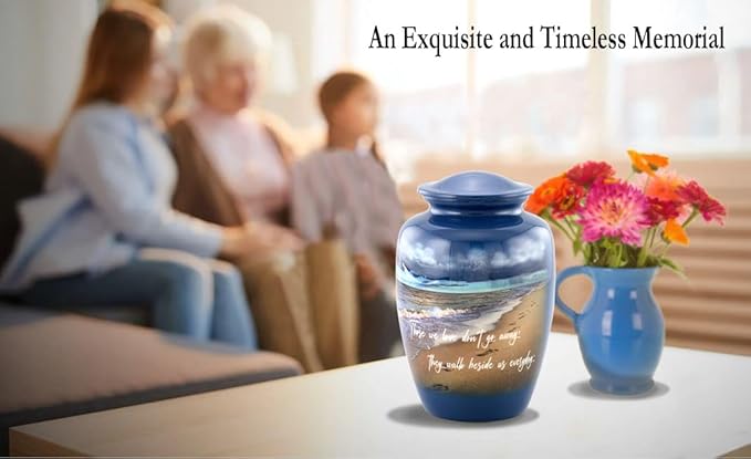 Footprints Cremation Urn - Ocean Blue Memorial Urn with Beach & Waves – Full-Size Handcrafted Metal Funeral Urns for Men & Women’s Ashes (Up to 210 lbs) – A Beautiful Tribute for Ocean Lovers