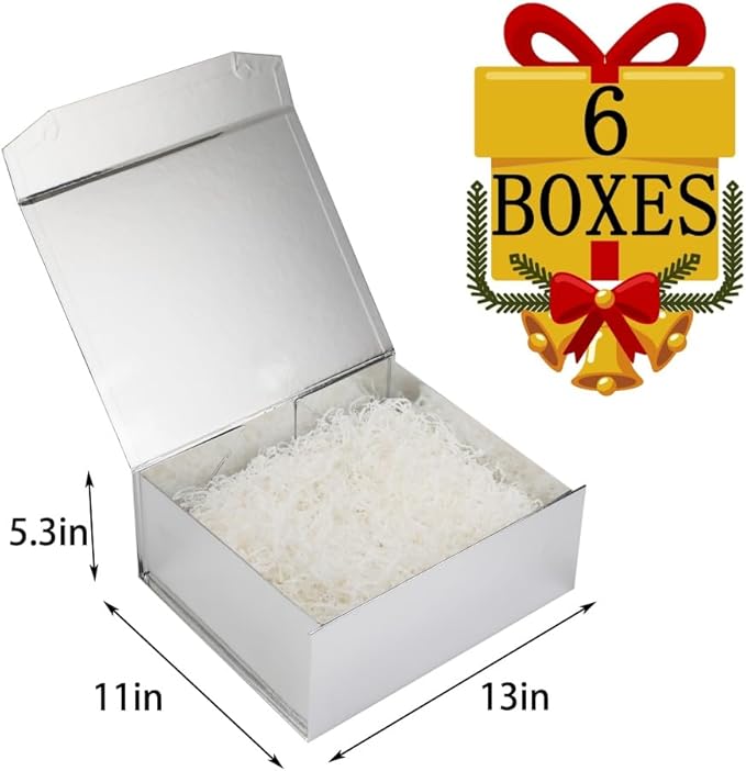 6 Pcs Silver Gift Box Large 13x11x5.3 Inch Silver Large Gift Box with Crinkle Paper Magnetic Box with Shredded Paper Luxury Gift Boxes with Lids for Presents
