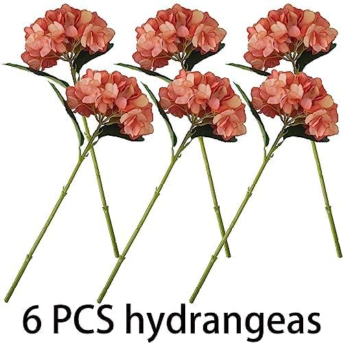 Coral Hydrangea Artificial Flowers,6 Pcs Faux Hydrangea Flowers,Artificial Hydrangeas Flowers with Stems,Fake Hydrangeas, Silk Flowers Color with Stems for Home Decor (6, Coral)