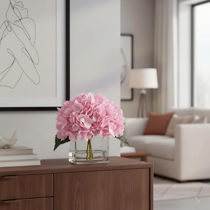 Artificial Hydrangea Flowers in Vase, Silk Floral Arrangement in Vase with Faux Water for Home Decor Indoor, Room Table (Pink)