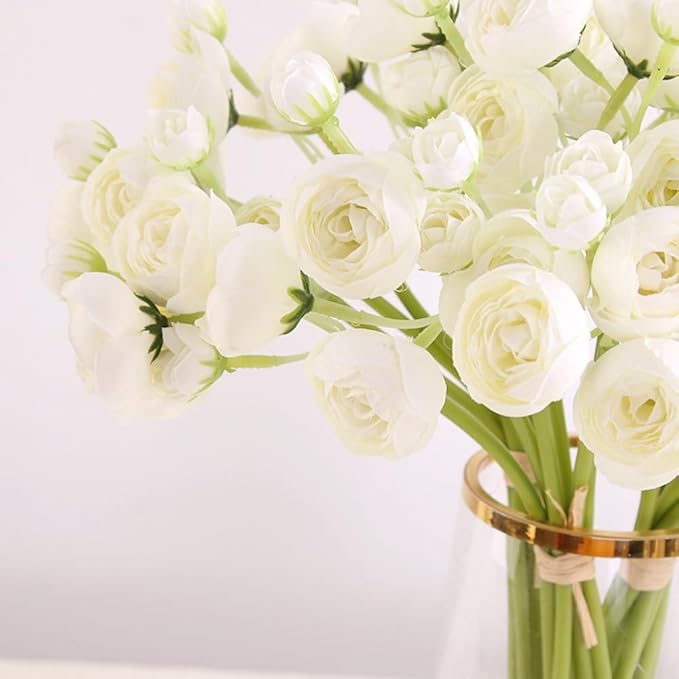 Ranunculus Artificial Flower, 24Pcs Faux Silk Mini Ranunculus Flowers Bulk Fake Wedding Filler Flowers for DIY Bouquet Centerpieces Arrangements Bridal Shower Decorations (Ivory)