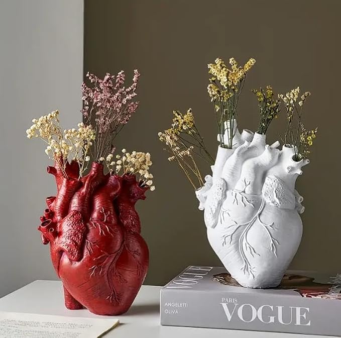 Heart Vase, Gothic Anatomical Resin Flower Pot Desktop, Human Heart Organ Shape for Dried Flower Arrangement on The Dining Table、Desktop Living Room Decoration (Red)