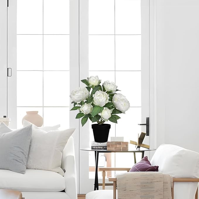 Hollyone White Fake Peonies Artificial Flowers in Pot 16.9" Small Peonies Tree Indoor Outdoor Faux Plants & Flowers Peony Silk Flowers Potted Plant Artificial Peony Floral Arrangement Desk Home Decor