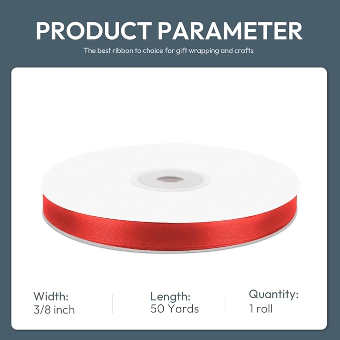 KMER LIFE 3/8" Wide x 50 Yards Red Single Faced Polyester Satin Ribbon - Perfect for Wedding Decor, Wreaths, Crafts, Gift Wrapping & Other Projects