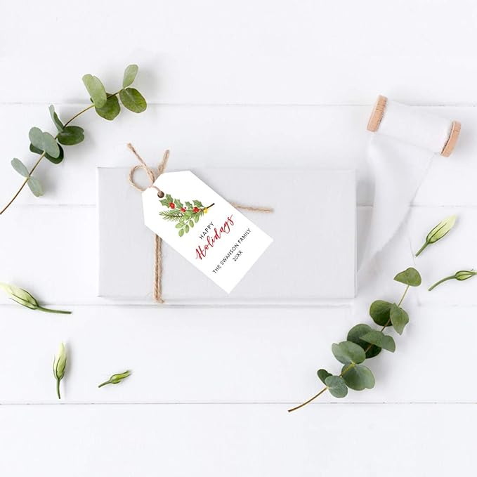Andaz Press Personalized Tags, Custom Family Name and Year, Winter Holiday Branch Design, 60-Pack for Events and Parties