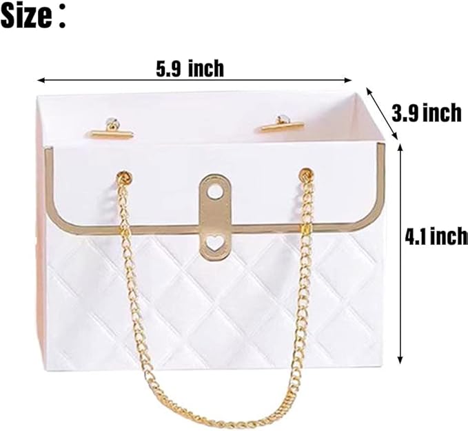 NADUSEP 4 PCS Flower Paper Gift Box, Bouquet Storage Bucket Florist Handbag with Metal Chain, Gift Craft Wrap Bag for Wedding Party Valentine's Day Birthday Mother's Day Bridal Shower Gift Wrap Bags (White Pink)