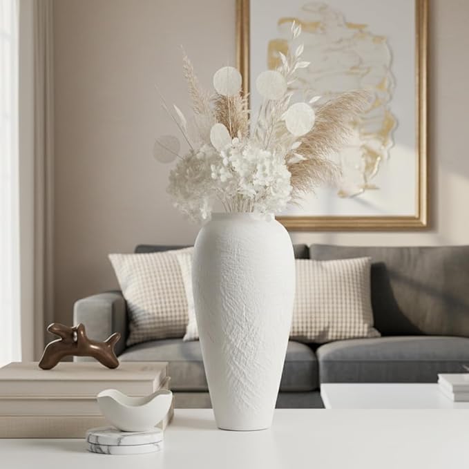 Vintage Ceramic Vase, Minimalist Texture Stone Patterned White Flower Vase, Decorative Vase for Living Room Shelf Farmhouse Dining Table Centerpiece Decor (White Texture 12.6'')