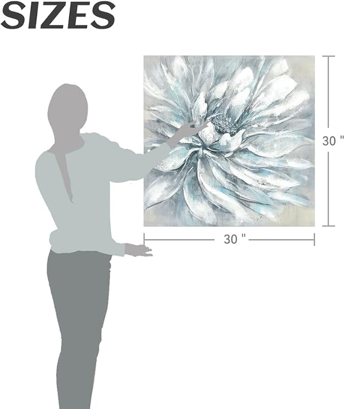 Large Floral Canvas Wall Art: Abstract Living Room Gallery Artwork Modern Elegant White Flower Painting Contemporary Silver Blue Peony Prints Gray Nature Botanical Picture