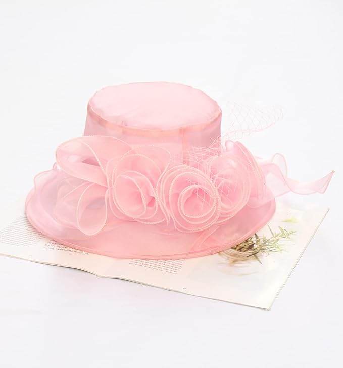 Organza Derby Hats for Women Wide Brim Fascinator Hat Rose Flower Wedding Tea Party Hat