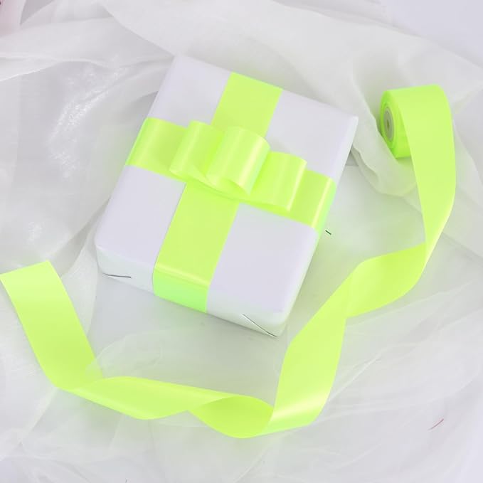 TONIFUL 2 in x 25 Yds Wide Fluorescent Apple Green Satin Ribbon Solid Fabric Ribbons Roll for Crafts Chair Sash Valentine's Day Gift Wrapping Invitation Cards Floral Bows Sewing Party Wedding