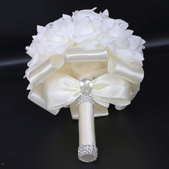 Wedding Bouquet, Creamy Bouquet for Bride Bridesmaid with Diamond Soft Ribbons, Artificial Rose Bridal Holding Flowers for Party Church