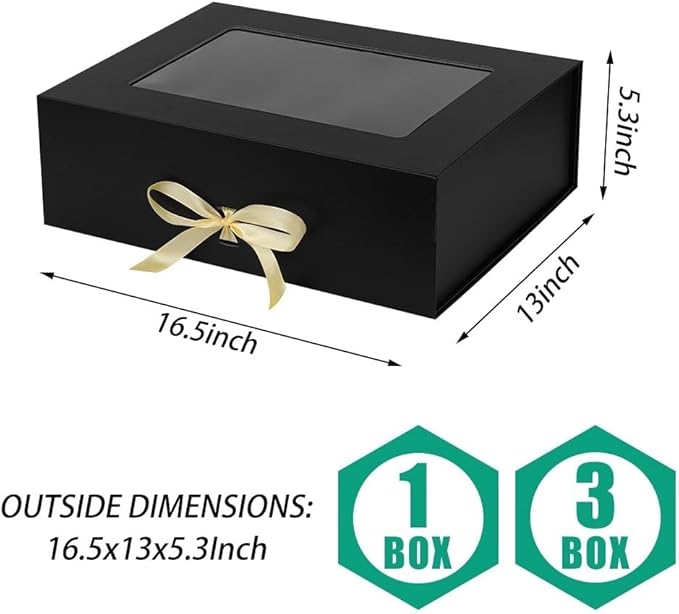 3 Pcs Black Extra Large Gift Box for Presents with Ribbon 16.5x13x5.3 Inches Clear Gift Box with Window Magnetic Closure Gift Boxes with Lids