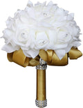 Wedding Bouquet, Gold Bouquet for Bride Bridesmaid with Diamond Soft Ribbons, Artificial Rose Bridal Holding Flowers for Party Church