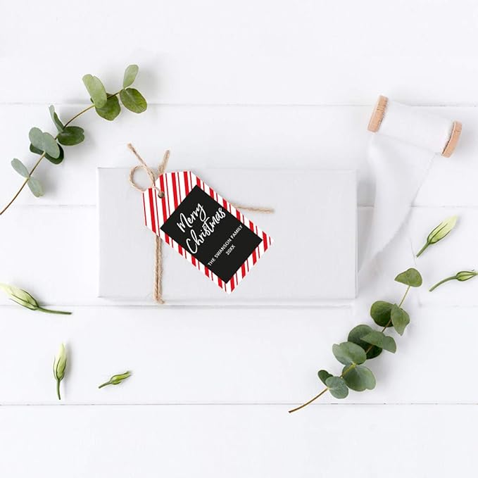 Andaz Press Personalized Christmas Holiday Season Classic Gift Tags, Merry Christmas Custom Family Name and Year, Candy Cane Striped Design, for Holiday Events, Parties, and Favors, 60-Pack