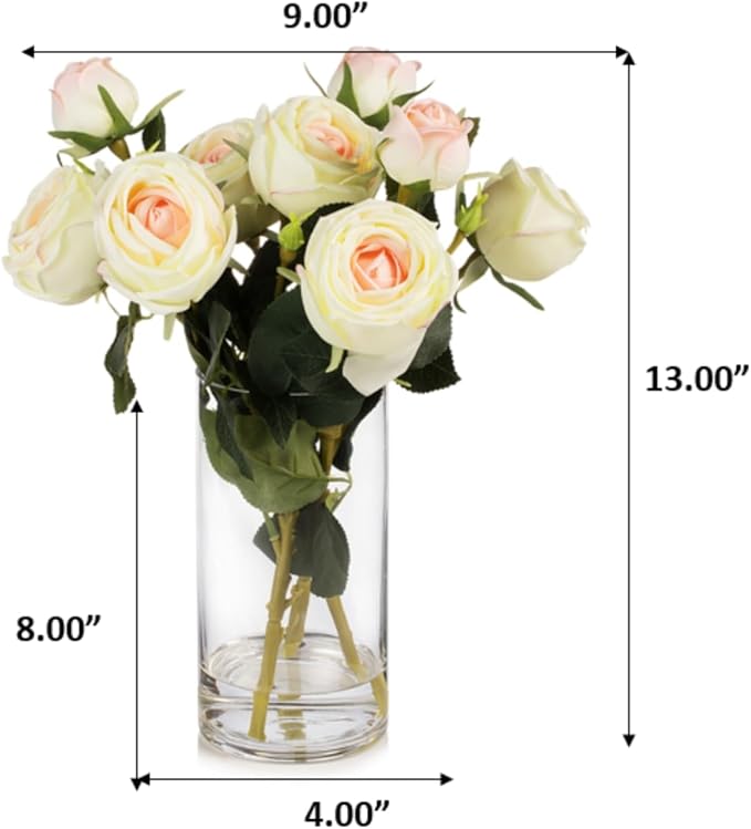 ENOVA FLORAL 9 Heads Silk Rose Artificial Flowers in Vase,Faux Rose Flowers Arrangement in Vase with Faux Water for Table Decor Centerpieces (Champagne)