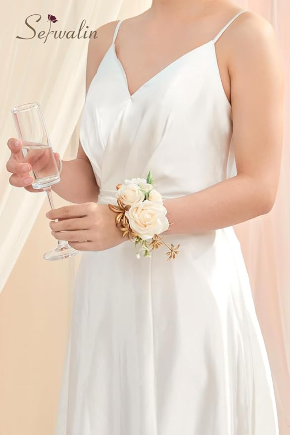 Serwalin 2 Pcs Champagne Wrist Corsage for Wedding, Corsages Wristlet for Bridesmaid Mother Grandmother, Artificial Flowers for Prom Ceremony Anniversary