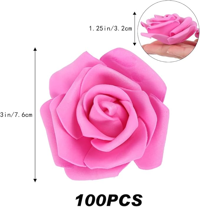 IPOPU Artificial Rose Flower Heads, 100pcs Real Looking Hot Pink Foam Fake Roses for DIY Wedding Baby Shower Centerpieces Arrangements Party Tables Home Decorations (Hot Pink, Stemless)
