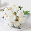 12pcs Artificial Roses Single Stem Fake Silk Flower Arrangement Bridal Bouquet Real Touch for Home Party Wedding Decoration Without Vase (White)