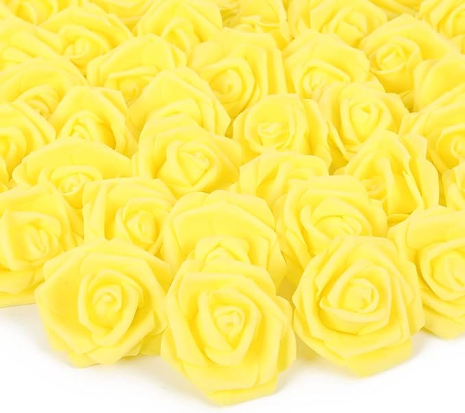Artificial Rose Flower Heads, 100pcs Yellow Roses Artificial Flower Foam Rose for DIY Wedding Bouquets Centerpieces Arrangements Party Baby Shower Home Decor (Stemless, Yellow)