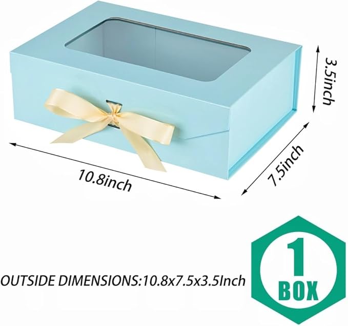 Blue Gift Box for Presents with Ribbon 10.8x7.5x3.5 Inches Clear Gift Box with Window Magnetic Closure Gift Boxes with Lids