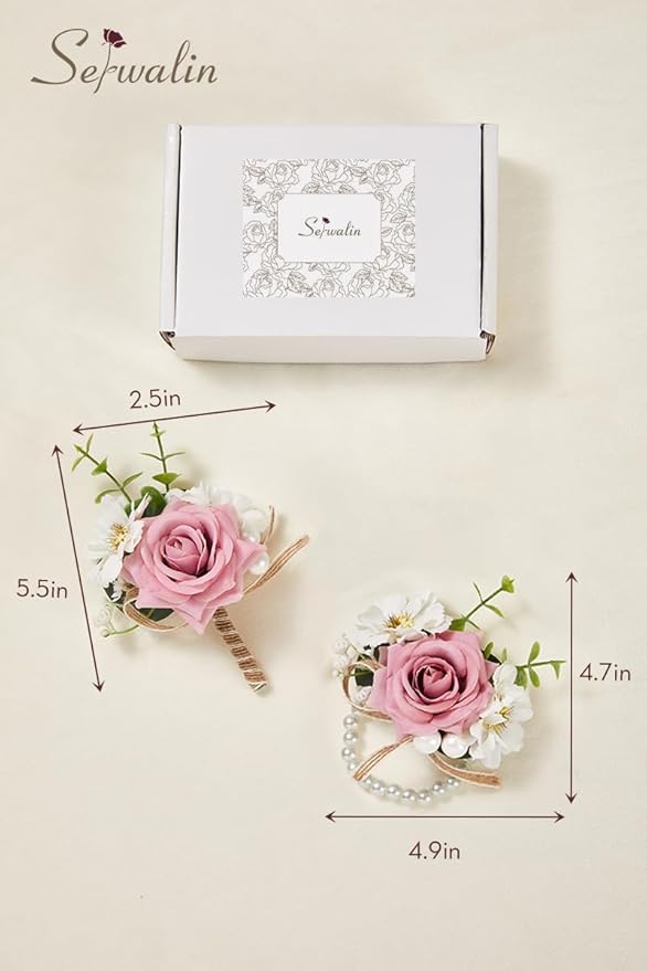 Serwalin Pink Rose Corsage and Boutonniere Set, Prom Flower Wrist Corsage Bracelets, Homecoming Roses Corsage Wristlet and Men Boutonniere for Wedding Flowers Accessories Prom Suit Decorations