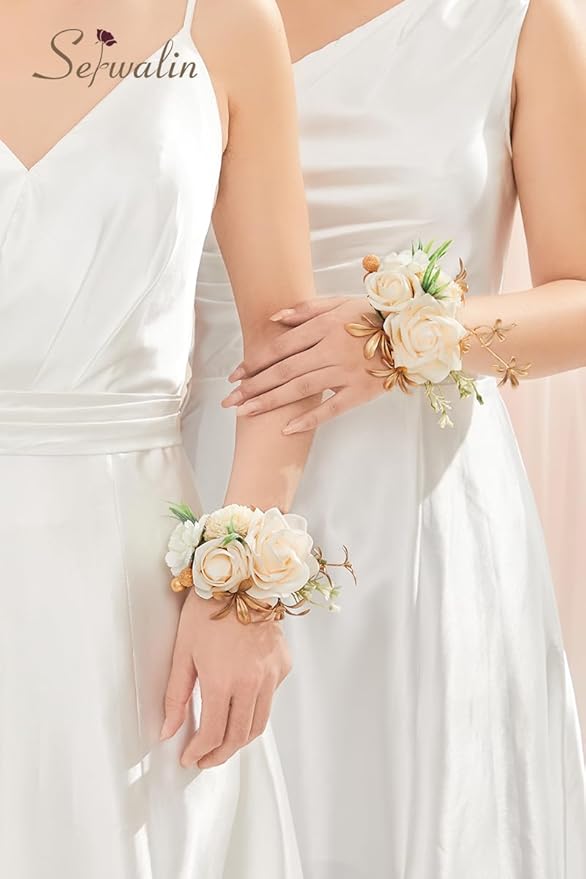 Serwalin 2 Pcs Champagne Wrist Corsage for Wedding, Corsages Wristlet for Bridesmaid Mother Grandmother, Artificial Flowers for Prom Ceremony Anniversary