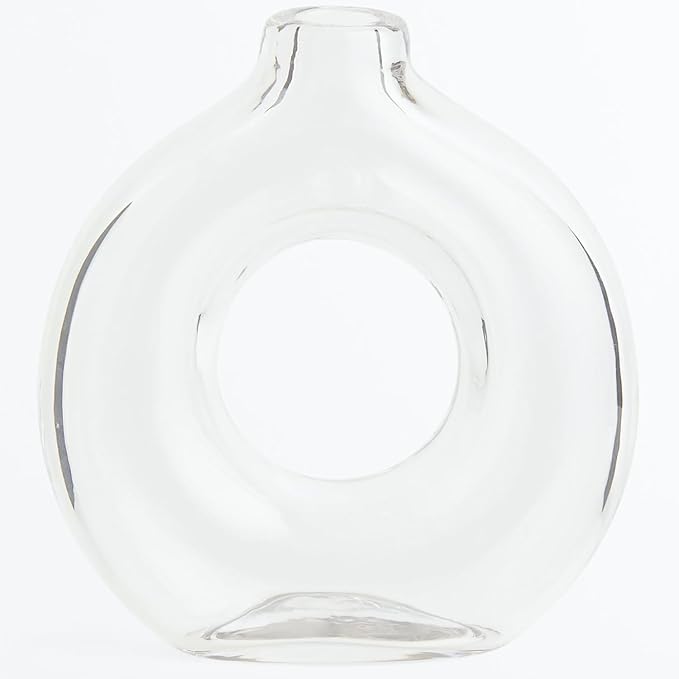 Glass Donut Vase, Clear Donut Vase, Round Glass Vases for Flowers, Modern Vases for Home, Living Room, Dining Table, Entryway, Mantle, Shelf, Wedding, Office, Coffee Table