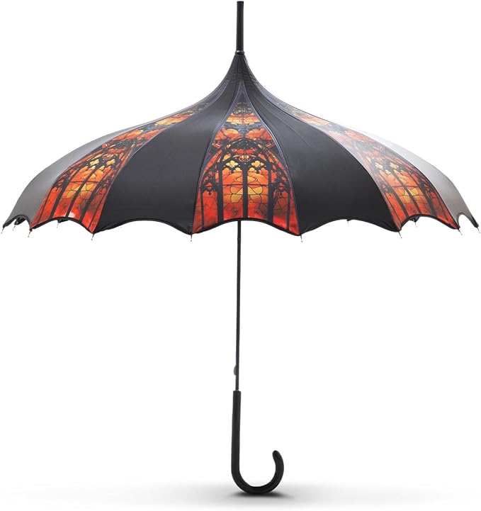 Pagoda Umbrella - Artisan Design with Bat Wing Scalloped Edges, Full Size Waterproof Windproof UV Protection Gothic Parasol with Carry Case