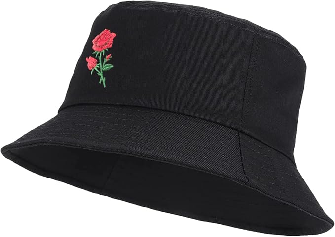 Rose Embroidered Novelty Bucket Hat Outdoor Cap for Women 100% Cotton Packable Adjustable